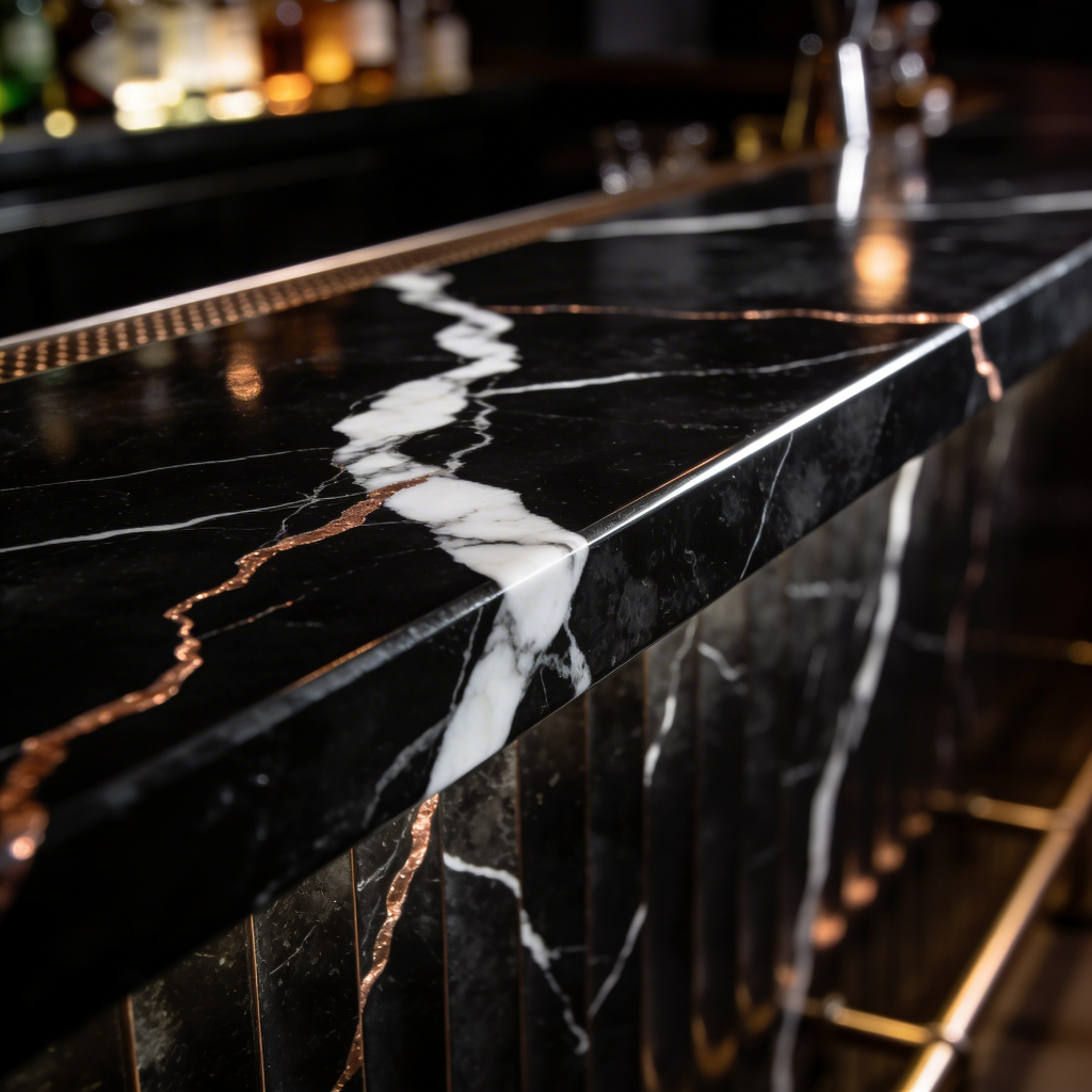 dettaglio finitura pannello acrilico nero in banco bar