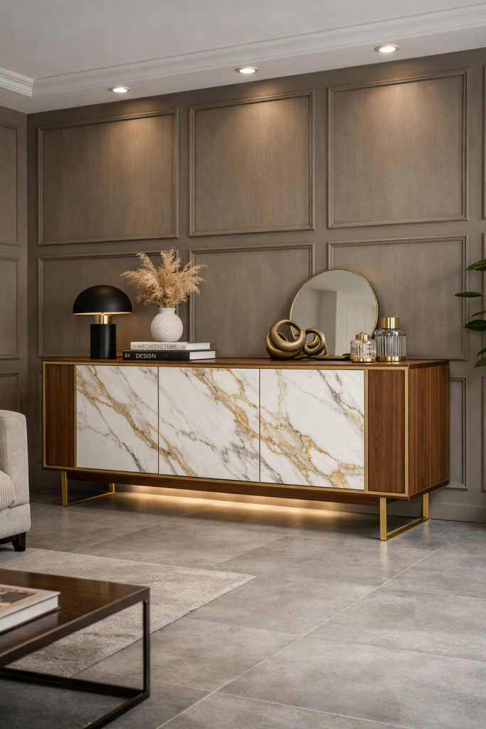 madia in legno con ante in marmo e oro