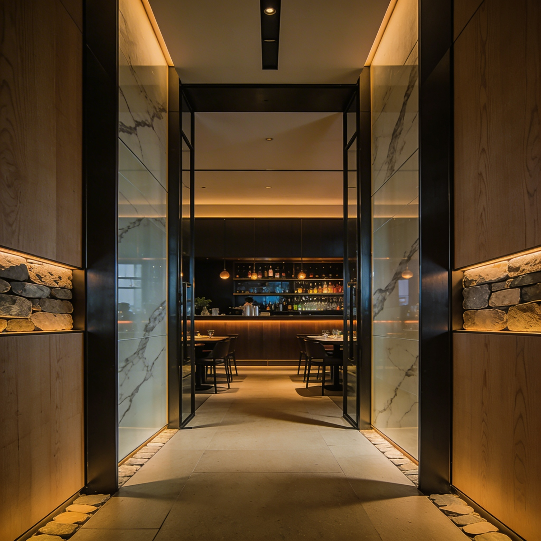 ingresso ristorante con pannelli acrilici effetto marmo